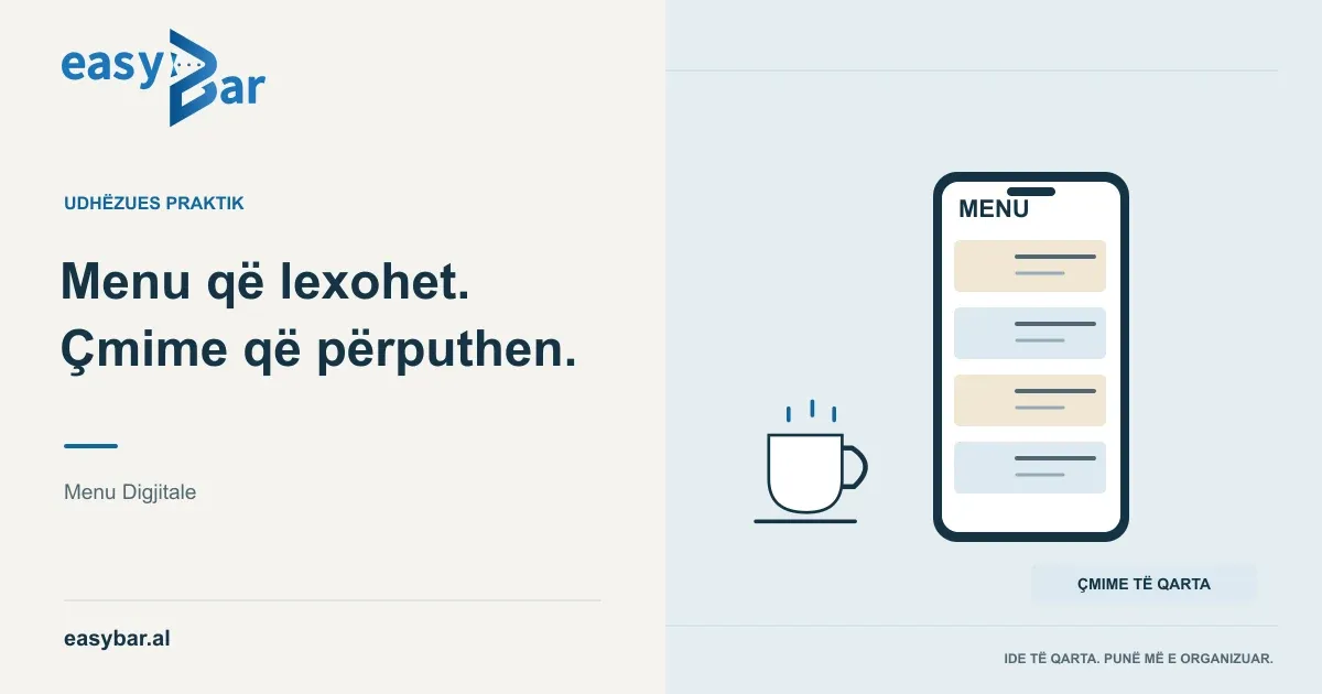 Menu në telefon me kategori, përshkrim artikulli dhe çmim të lexueshëm.