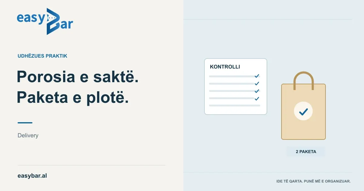 Listë kontrolli pranë një qeseje delivery dhe etiketës së porosisë.